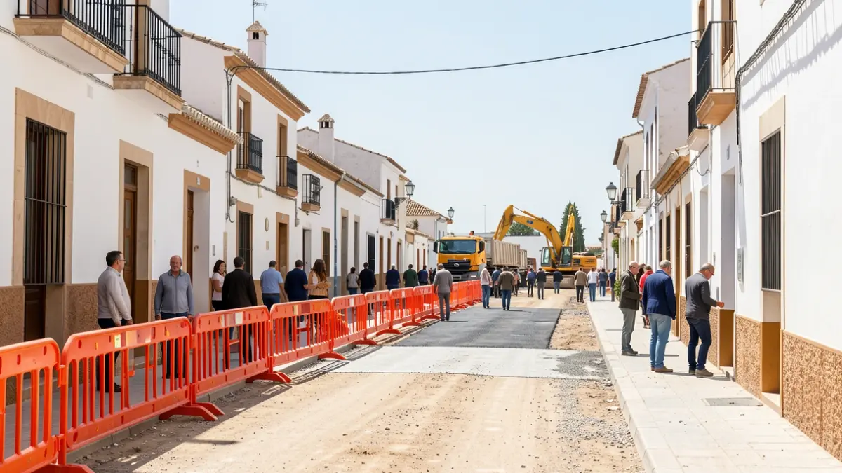 Renovation works on Calle El Peso in Lucena with machinery and safety barriers.