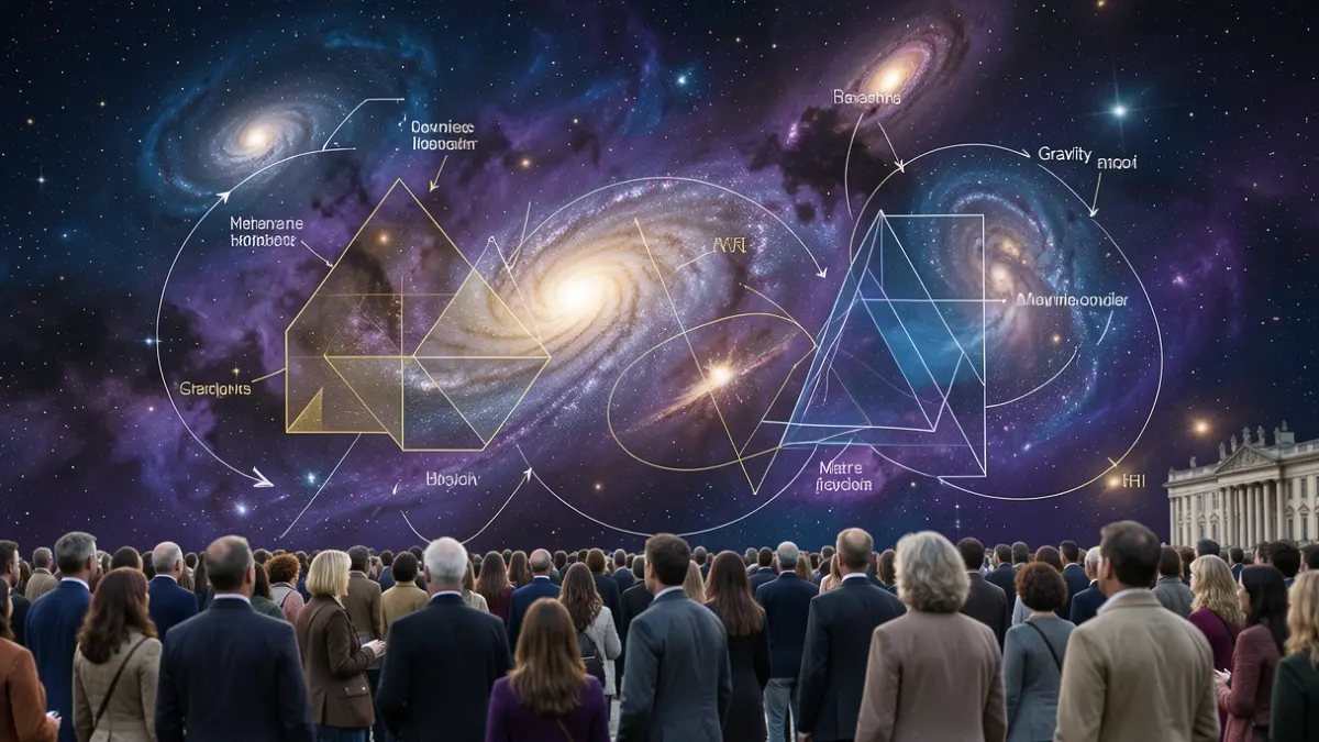Representación estilizada del cosmos con nebulosas y formas geométricas abstractas.