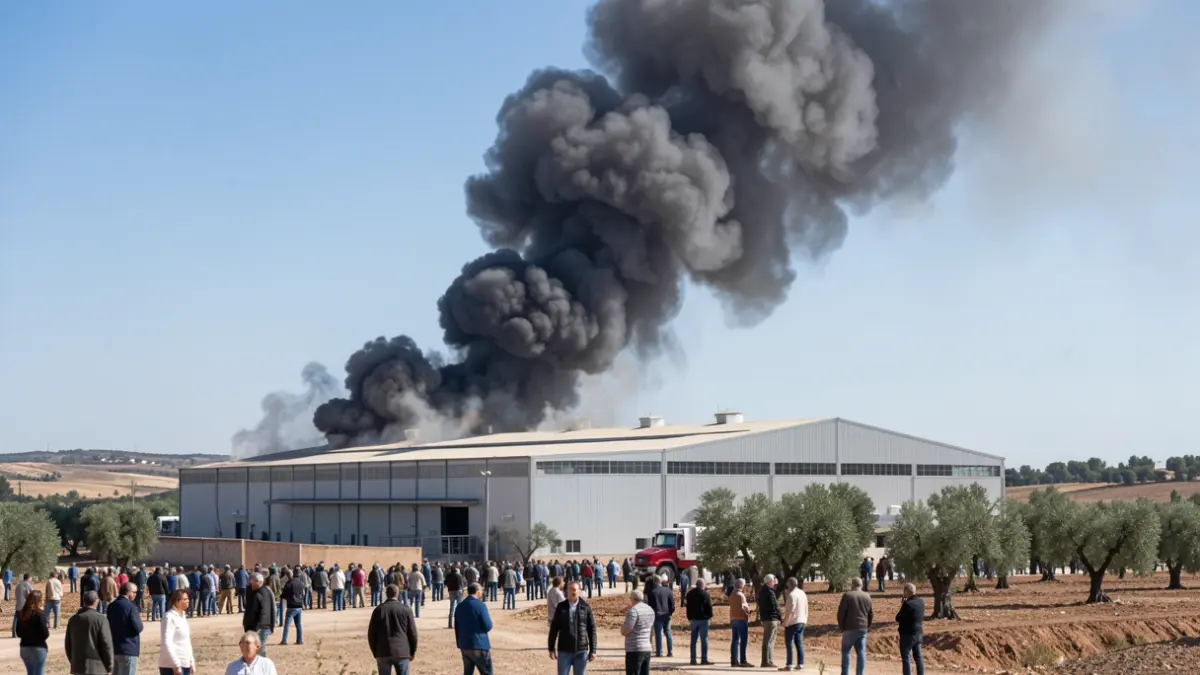 Image of an industrial warehouse on fire with a large column of black smoke rising into the blue sky in Palma del Río.