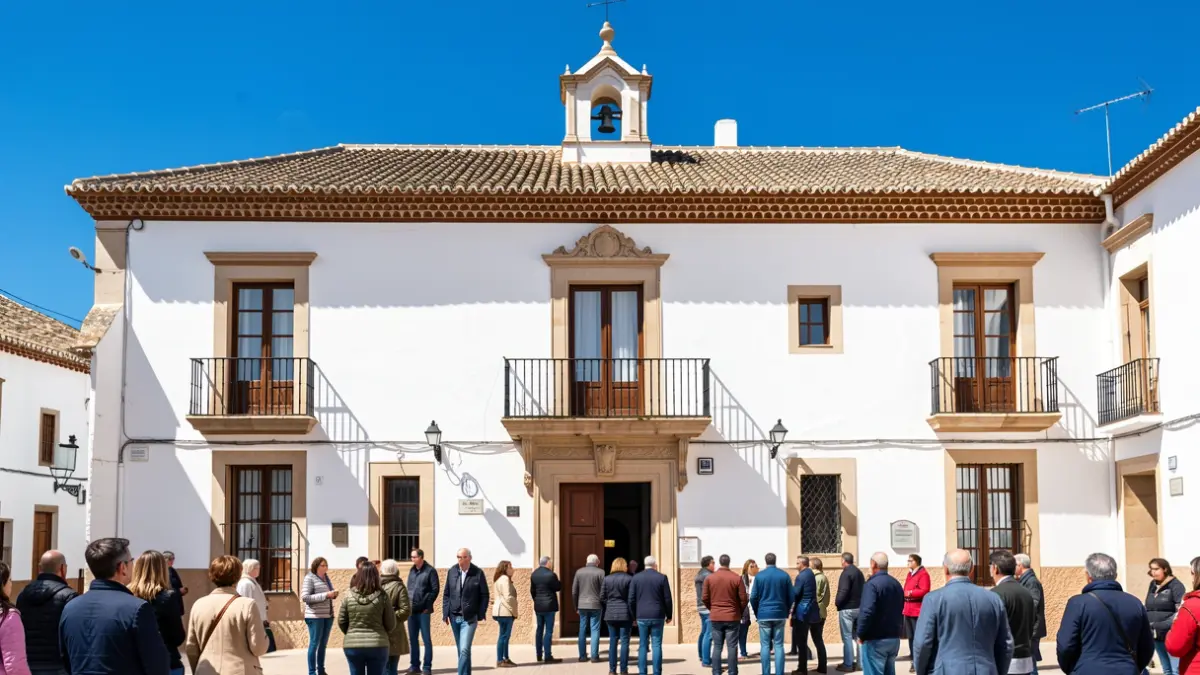Facade of the Belmez Town Hall, a white institutional building with Andalusian architectural details.