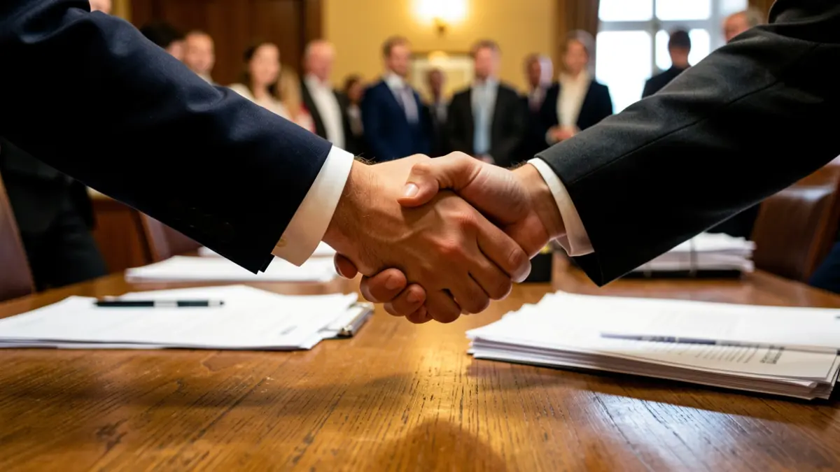 Image of two hands shaking over a desk with documents, symbolizing an agreement.