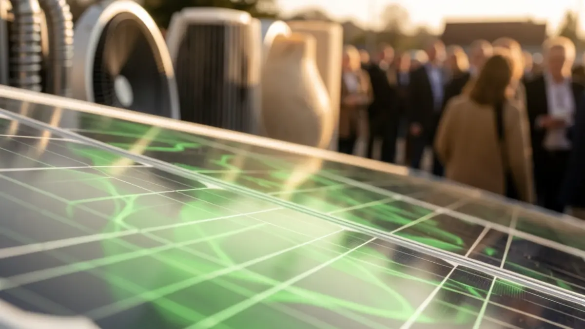 Generic image of a solar panel with a subtle green glow and abstract shapes suggesting cooling and thermal storage materials in the background.