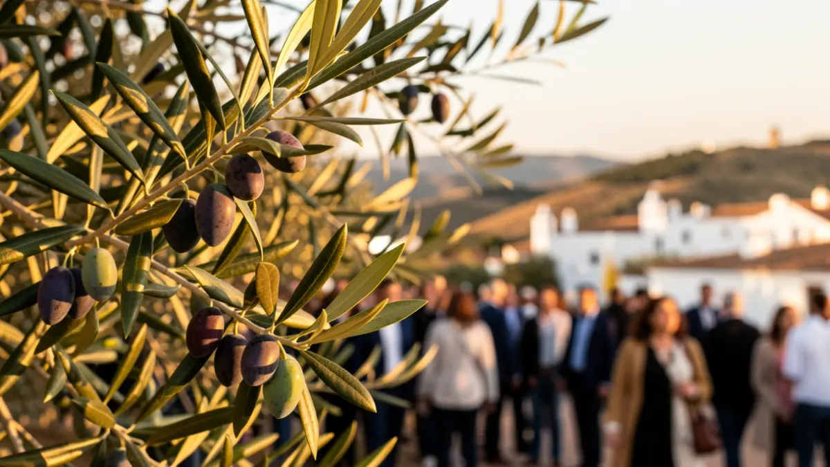 Imagen genérica de ramas de olivo con aceitunas maduras bajo la luz del sol, con un fondo desenfocado de colinas andaluzas y arquitectura blanca.