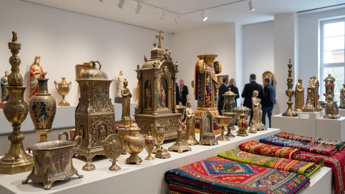 Generic image of an exhibition of sacred art and cofrade craftsmanship in a modern convention center.