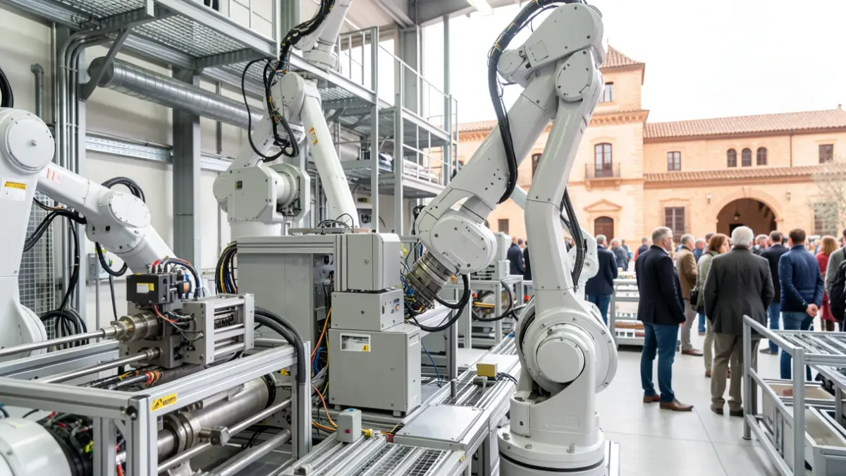 Modern industrial facility with advanced machinery and robotic arms, symbolizing the defense industry and logistics.