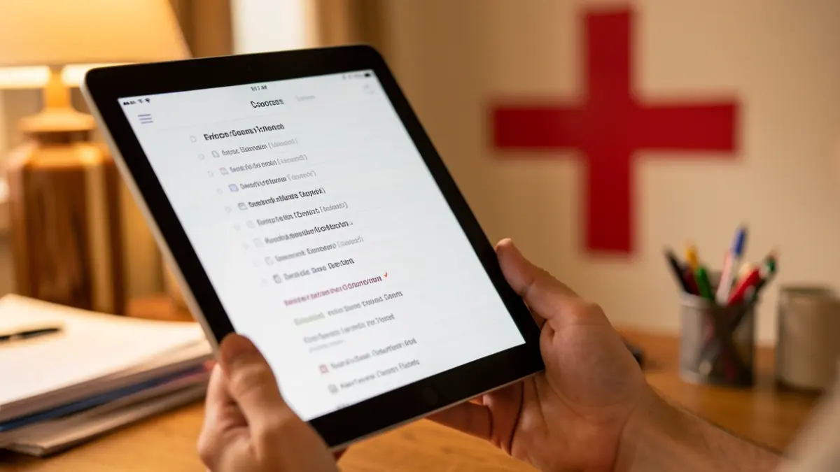 Close-up of a hand holding a tablet with a list of courses, with blurred office supplies and the Red Cross logo in the background.