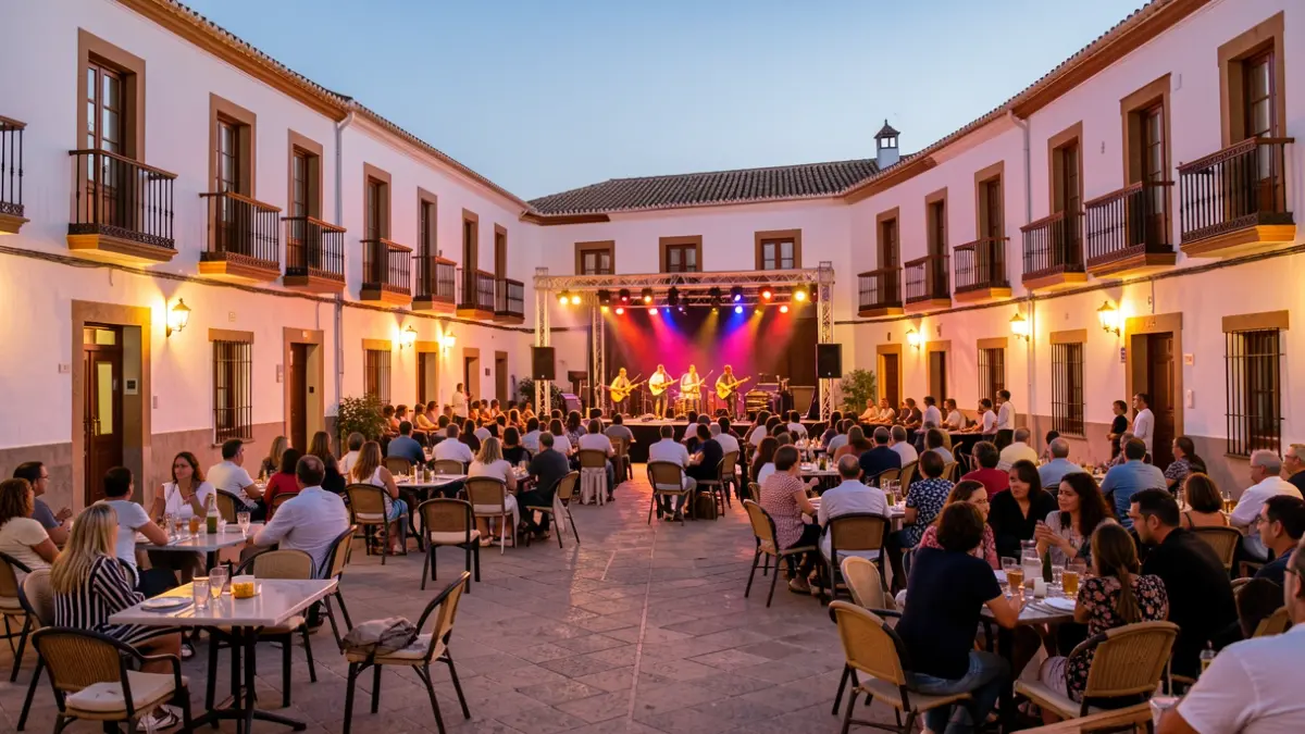 Plaza del Pilar de Cúllar Vega iluminada por la noche para una verbena popular con escenario y zona infantil.