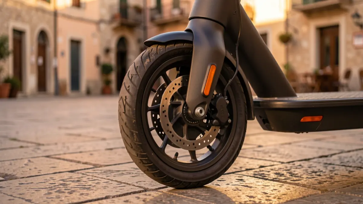 Close-up of an electric scooter wheel parked on a sidewalk in an Andalusian town square at sunset.