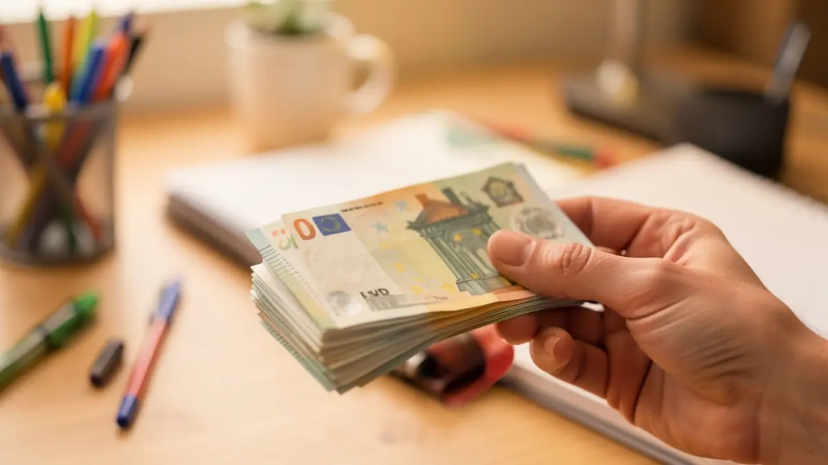 Imagen genérica de un mano sosteniendo billetes de euro con material de oficina desenfocado al fondo.
