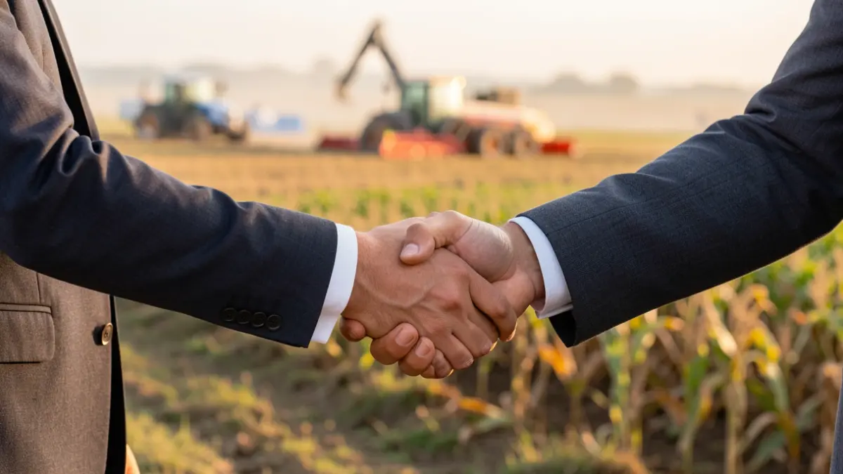 Generic image of a handshake between two people in business attire, with a blurred background of agricultural fields and modern farm equipment, symbolizing collaboration and innovation in the agro-industrial sector. Warm, natural lighting.