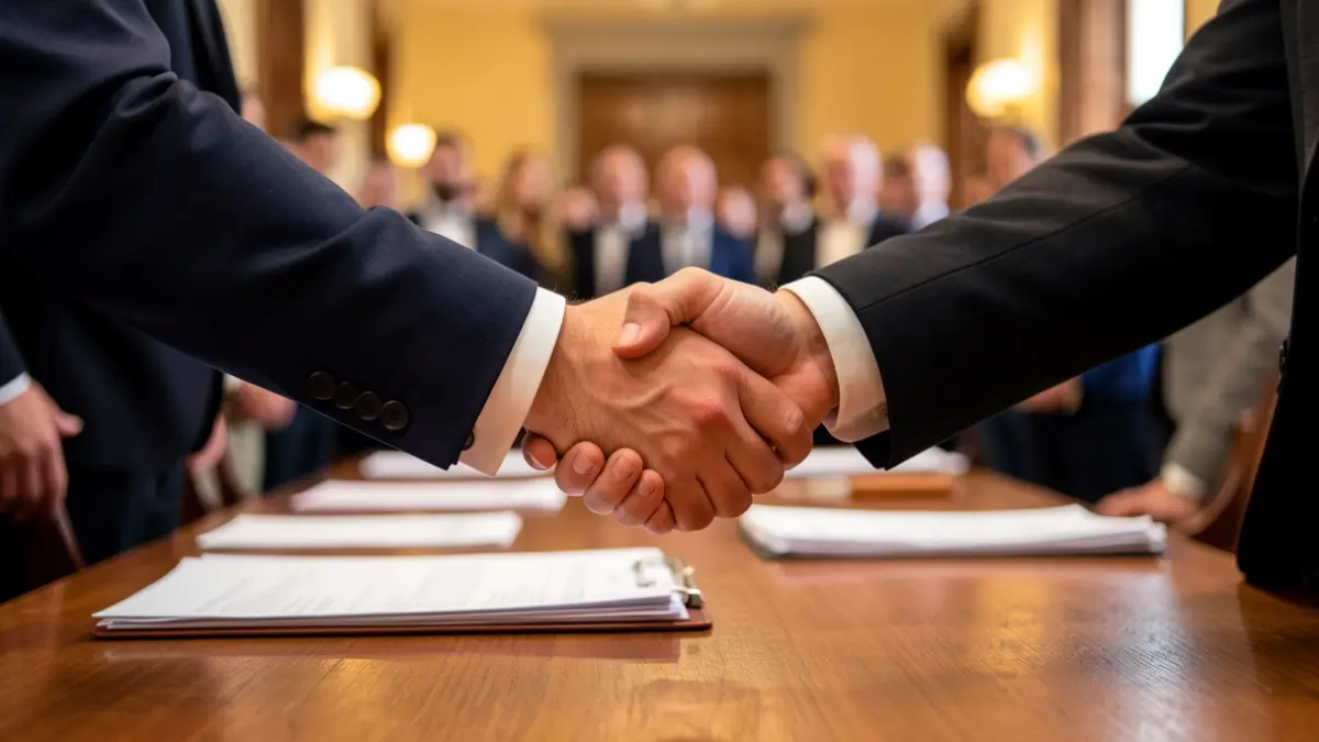 Hands of two people shaking over a desk with documents, in an office with warm lighting.