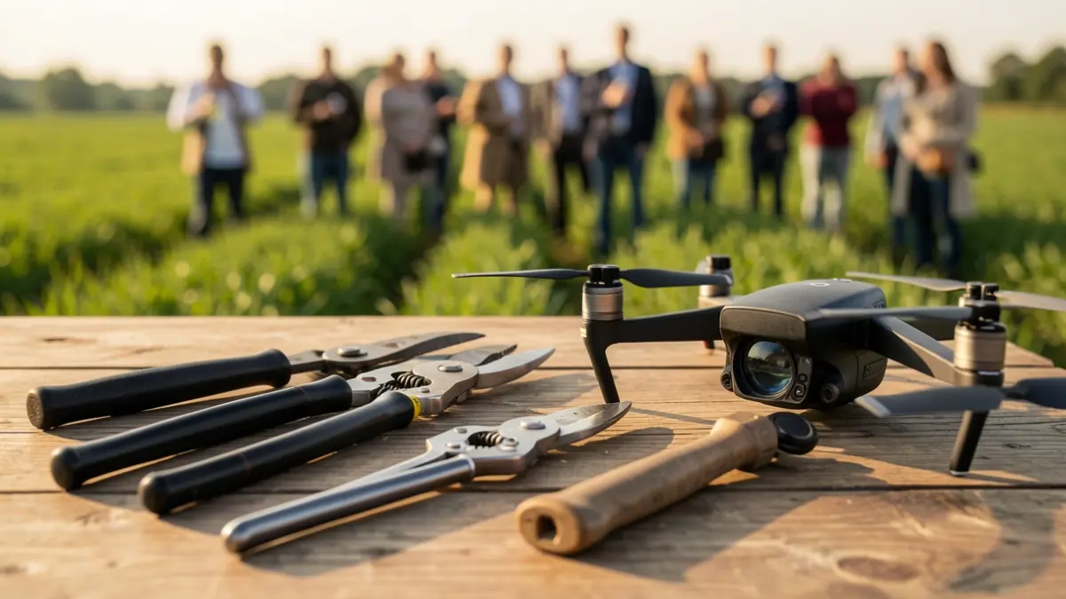 Agricultural tools and a drone on a wooden table, with a blurred green field in the background.