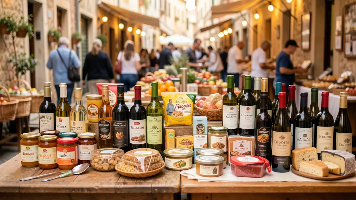 Generic image of a gourmet market with various products and wine bottles.