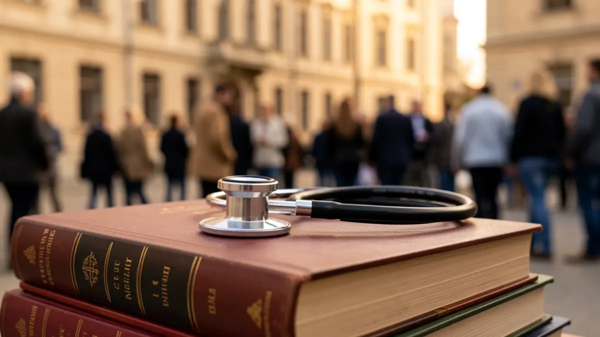 Primer plano de un estetoscopio sobre libros académicos con un edificio universitario desenfocado al fondo.