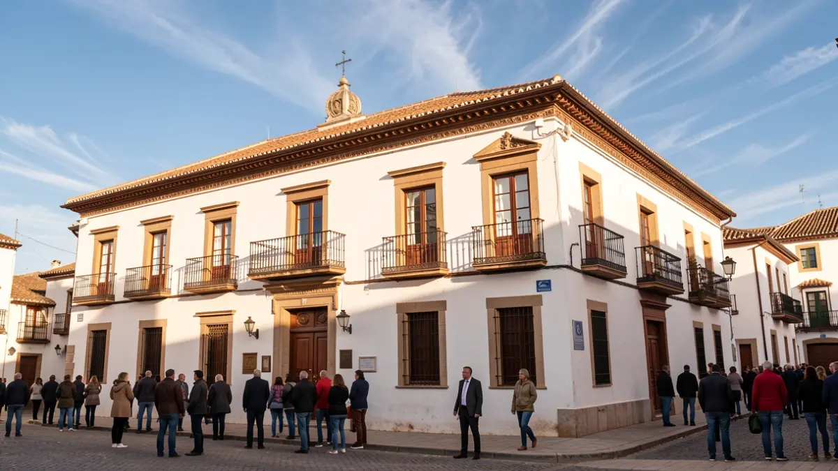 Generic image of an Andalusian town hall facade with ornate balconies under the afternoon sun.