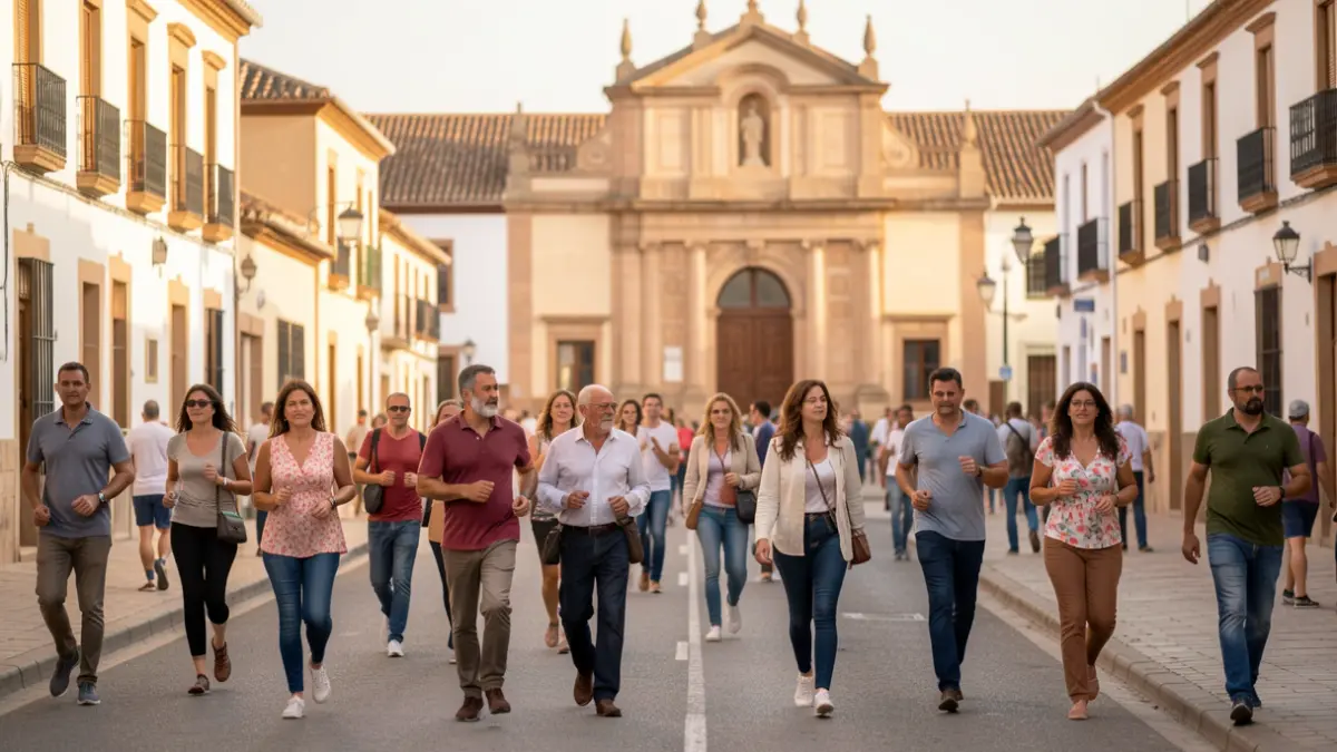 Generic image of people walking and running in an Andalusian town square with the town hall in the background.