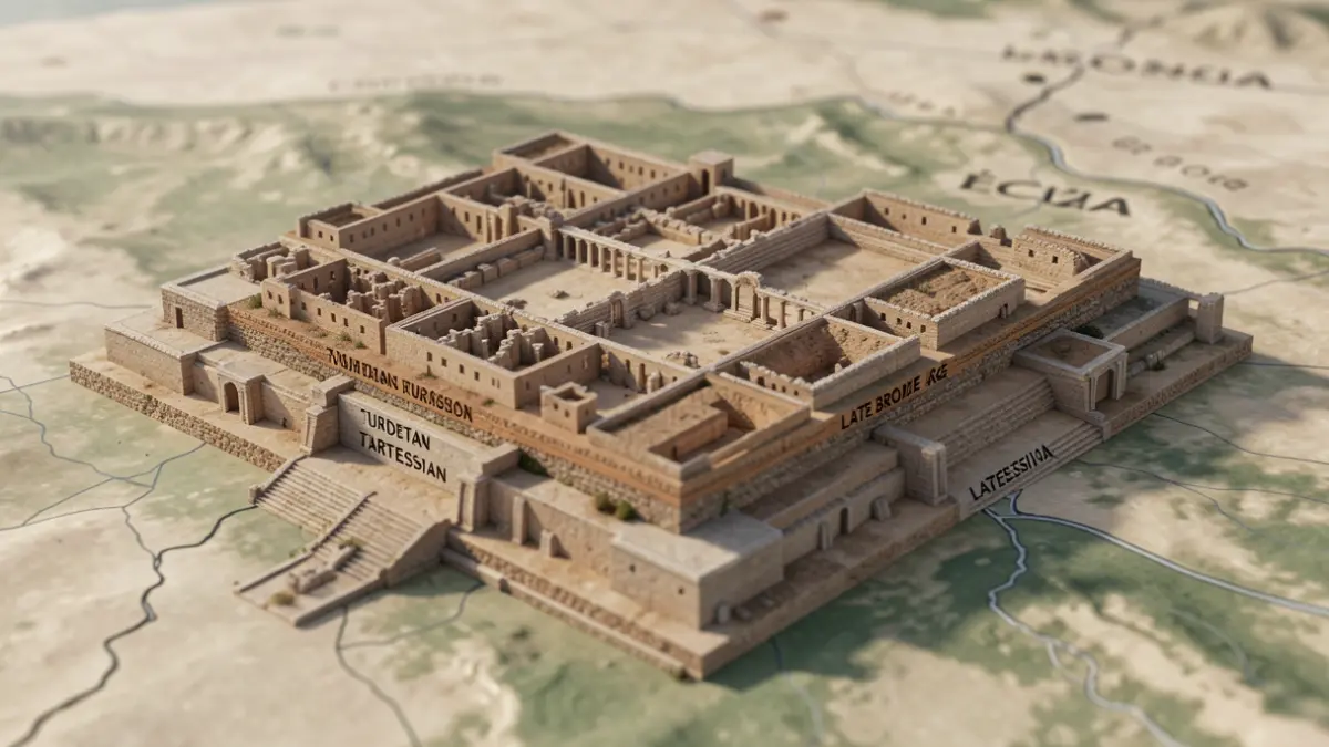 Imagen genérica de una reconstrucción virtual en 3D de un yacimiento arqueológico con diferentes capas de estructuras antiguas.