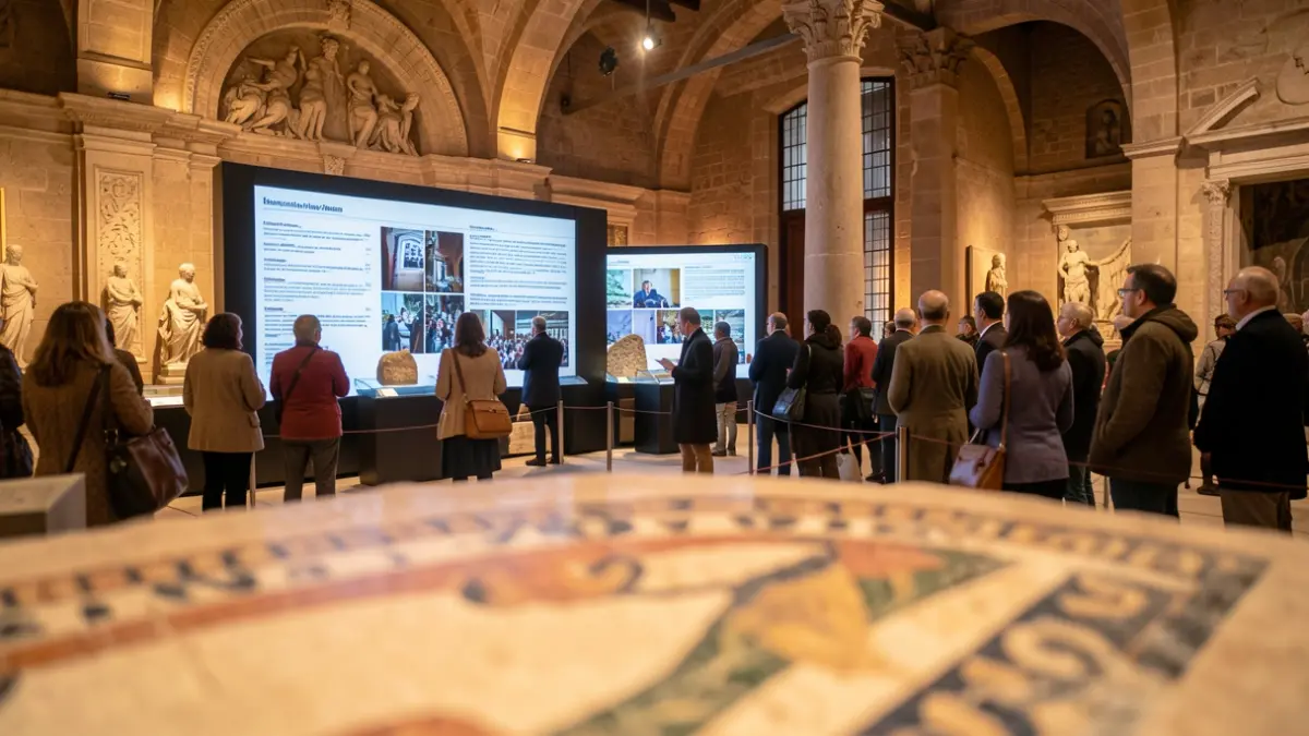 Pantalla digital informativa en el interior del Palacio de Benamejí de Écija, con restos de mosaico romano al frente.