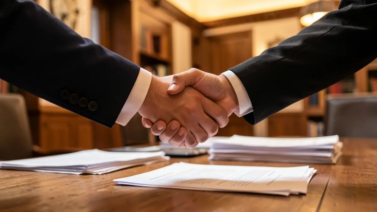 Generic image of hands shaking over a desk with blurred paperwork.