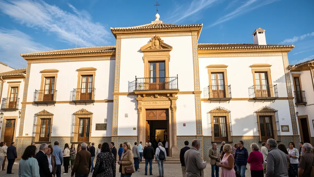 Imagen genérica de la fachada de un ayuntamiento andaluz con detalles de azulejos y un balcón, bajo una luz solar intensa.