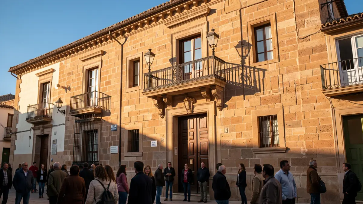 Fachada de un ayuntamiento andaluz con balcón y barandillas de hierro, bajo la luz del sol de la tarde.