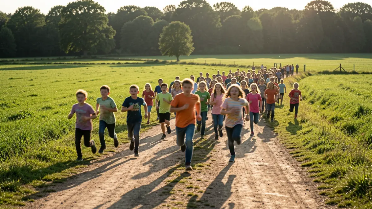 Imagen genérica de niños corriendo en un evento deportivo al aire libre.