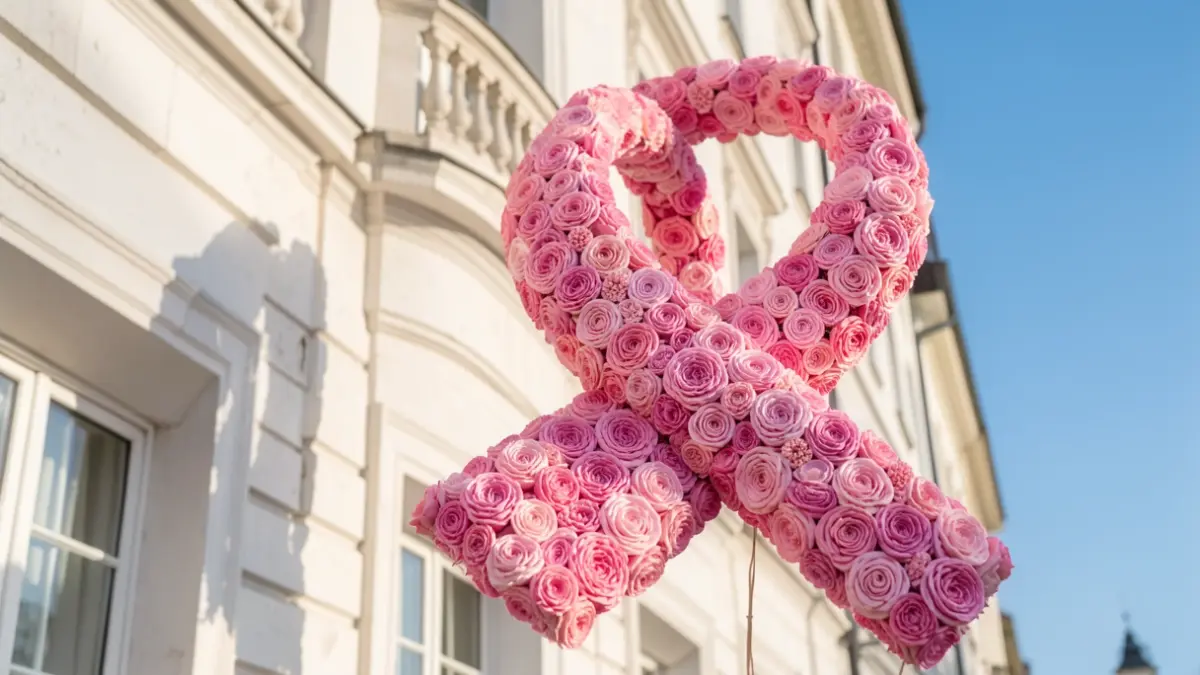 Imagen genérica de un gran lazo rosa hecho de flores de tela sobre la fachada de un edificio blanco.