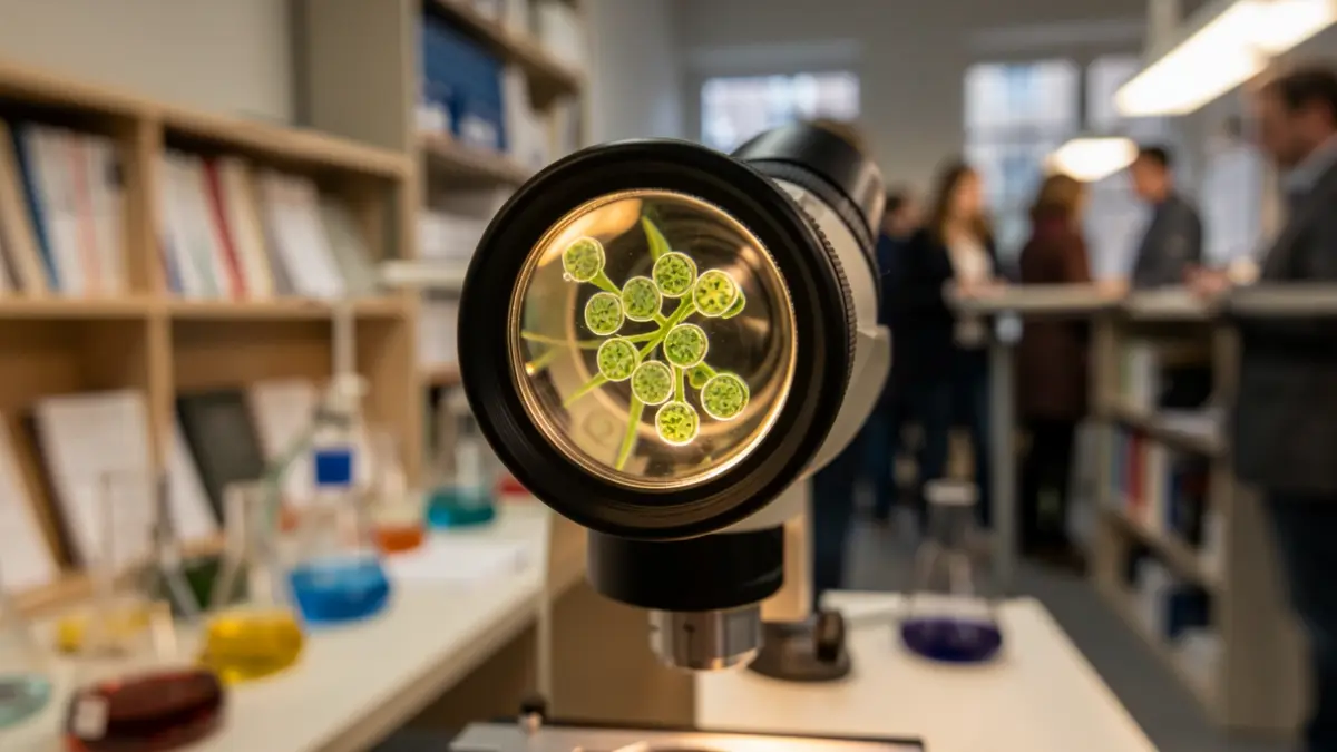 Microscopio enfocado en células vegetales en un laboratorio de investigación.