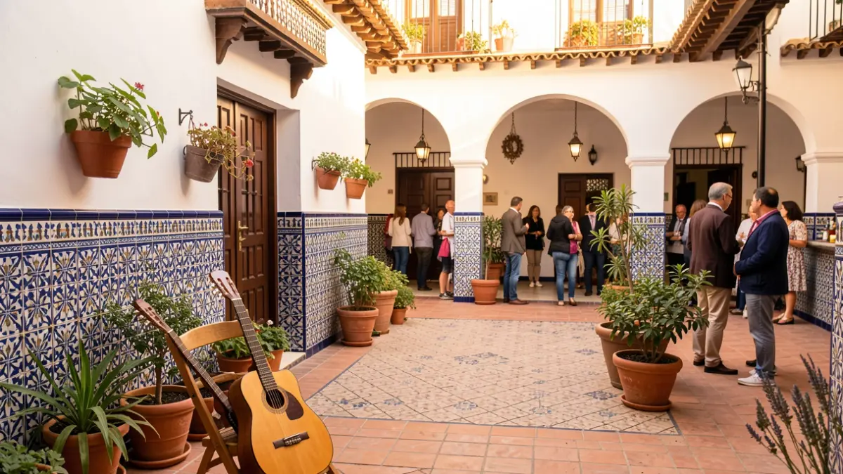 Patio andaluz con guitarra flamenca.