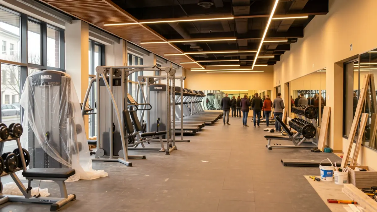 Imagen genérica de las obras de renovación de un gimnasio, con equipamiento nuevo y materiales de construcción.