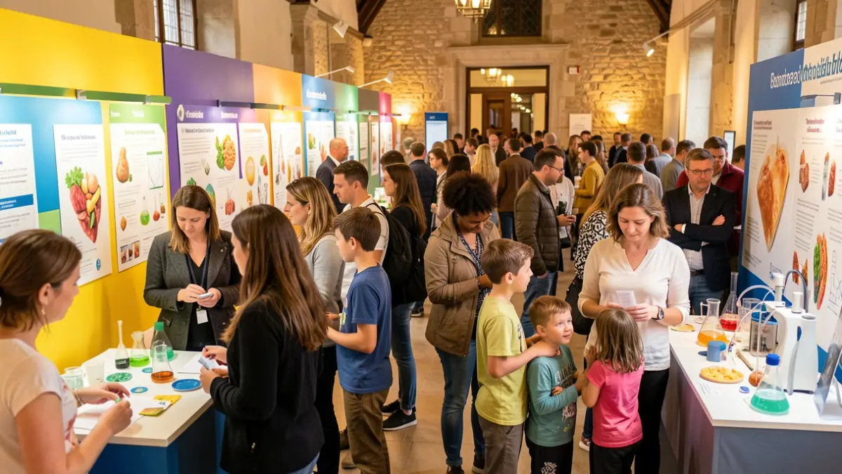 Imagen genérica de una feria de ciencia con gente interactuando con expositores.
