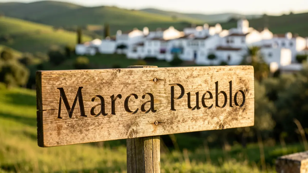 Rustic wooden sign with the name 'Marca Pueblo' in an Andalusian rural setting.