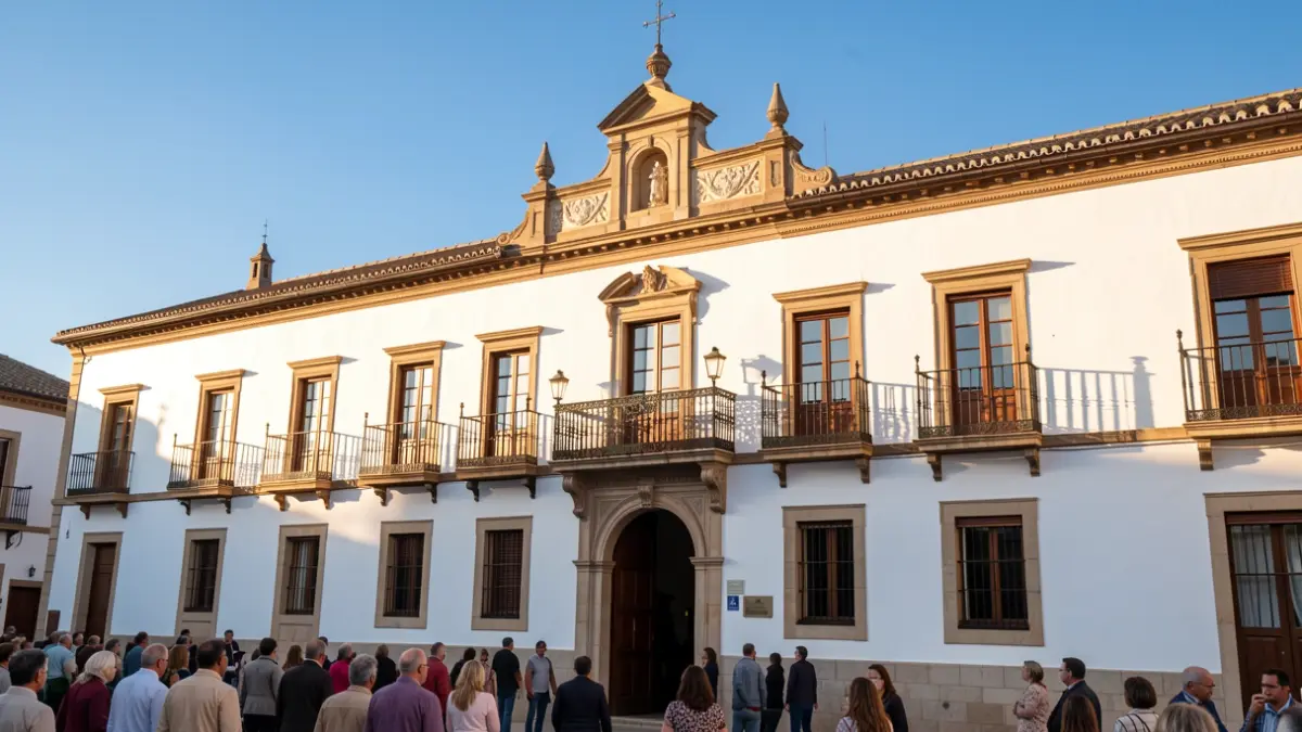 Facade of an Andalusian town hall with ornate balconies in the afternoon sun.