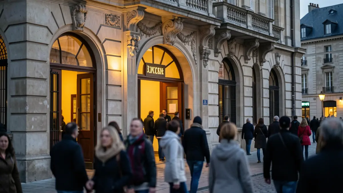 Imagen genérica de la fachada de un teatro con detalles ornamentados, luz cálida de tarde y siluetas borrosas de personas entrando.