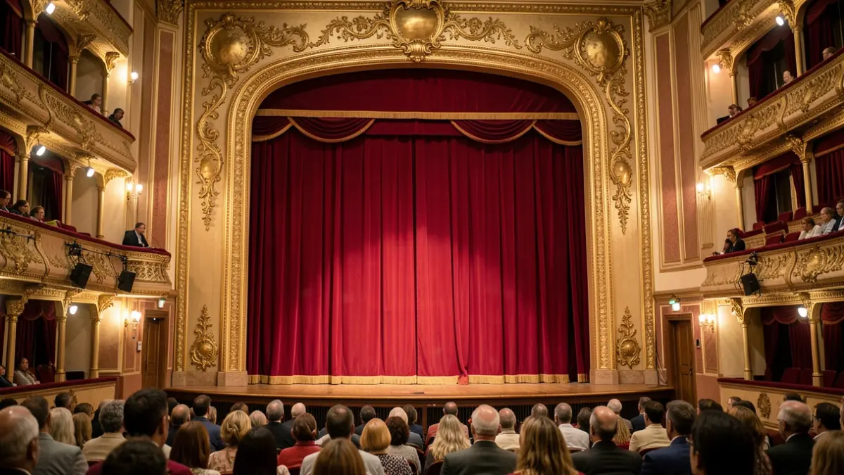 Imagen genérica del interior de un teatro andaluz con telón y decoraciones.