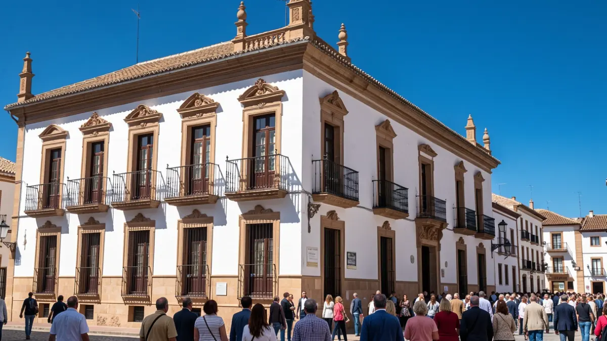 Generic image of an Andalusian town hall facade with ornate balconies and intense sunlight.
