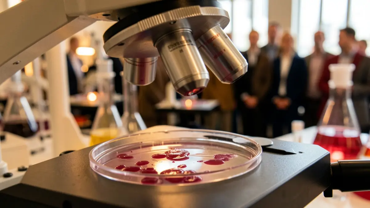Primer plano de la lente de un microscopio enfocando una muestra de sangre.