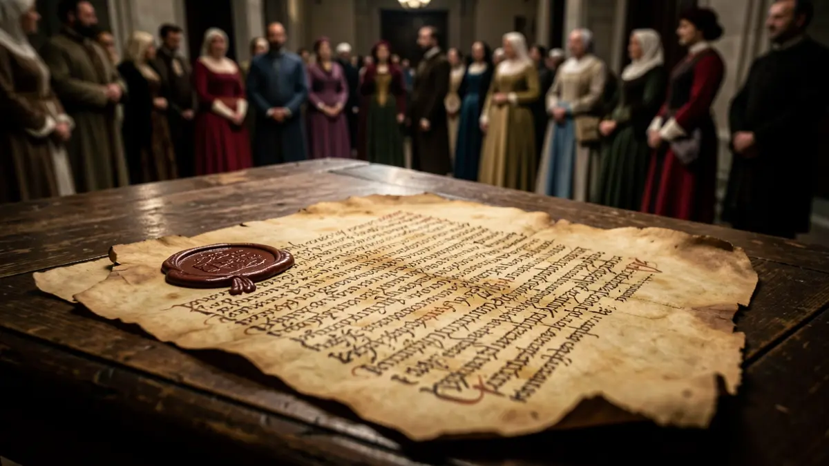 Close-up of an ancient papal bull with intricate calligraphy and a wax seal.
