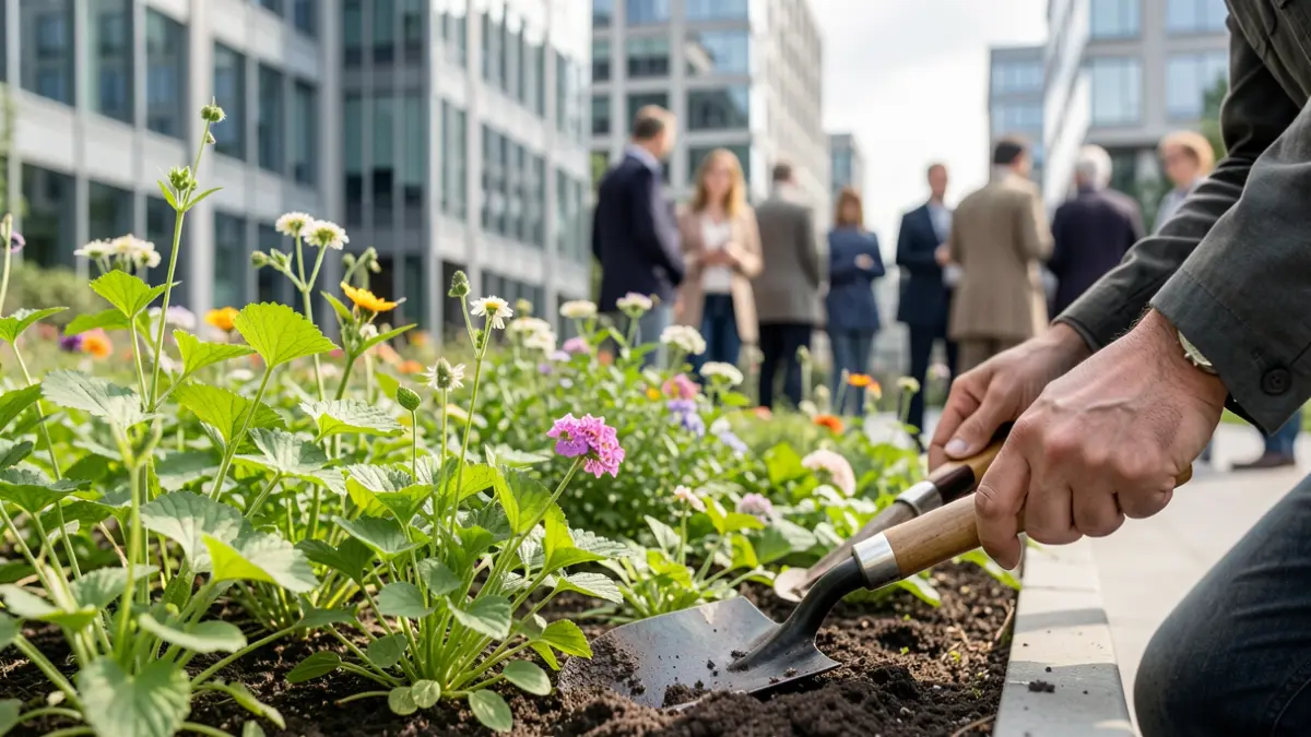 Generic image of green plants and gardening tools with blurred office buildings in the background.