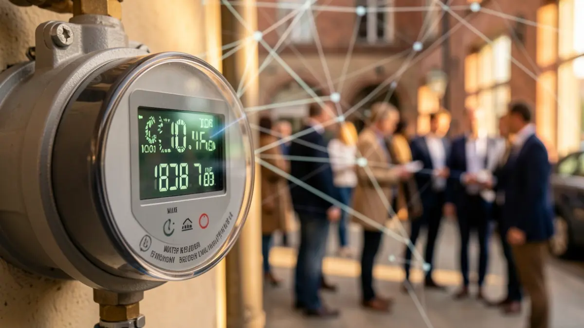 Close-up of a digital water meter displaying real-time data, with blurred abstract network lines in the background.