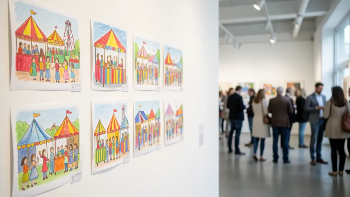 Imagen genérica de dibujos infantiles sobre una feria, expuestos en una sala de exposiciones.