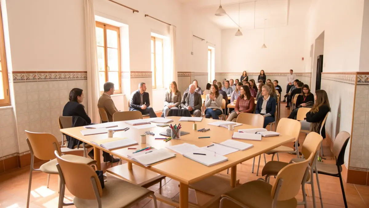Sala de un centro educativo en Andalucía con sillas dispuestas y material de escritura sobre una mesa.