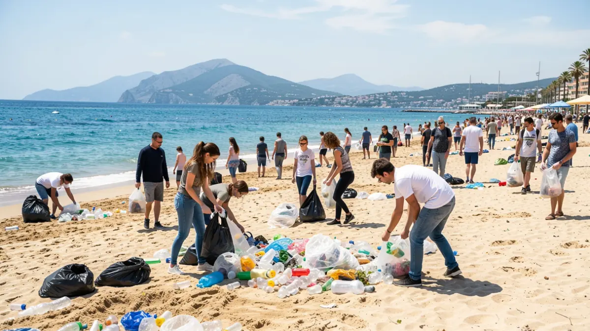 Estudiantes recogiendo residuos plásticos en una playa como parte de una campaña de concienciación medioambiental.