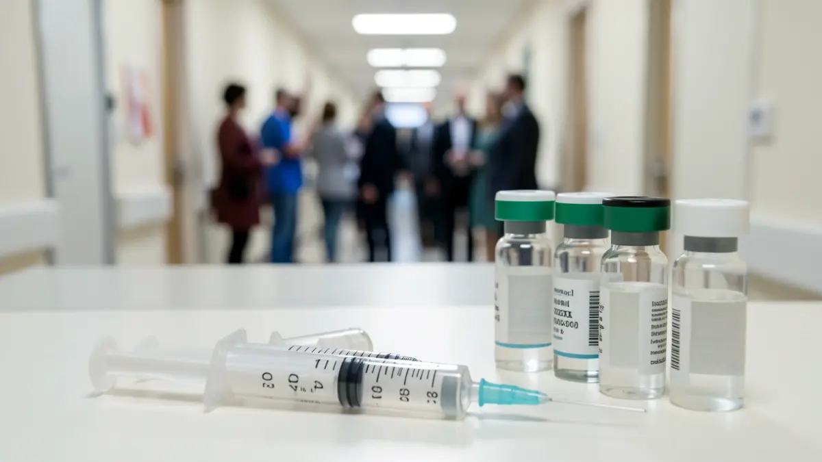 Syringes and vials in a hospital, symbolizing the fight against infectious diseases.