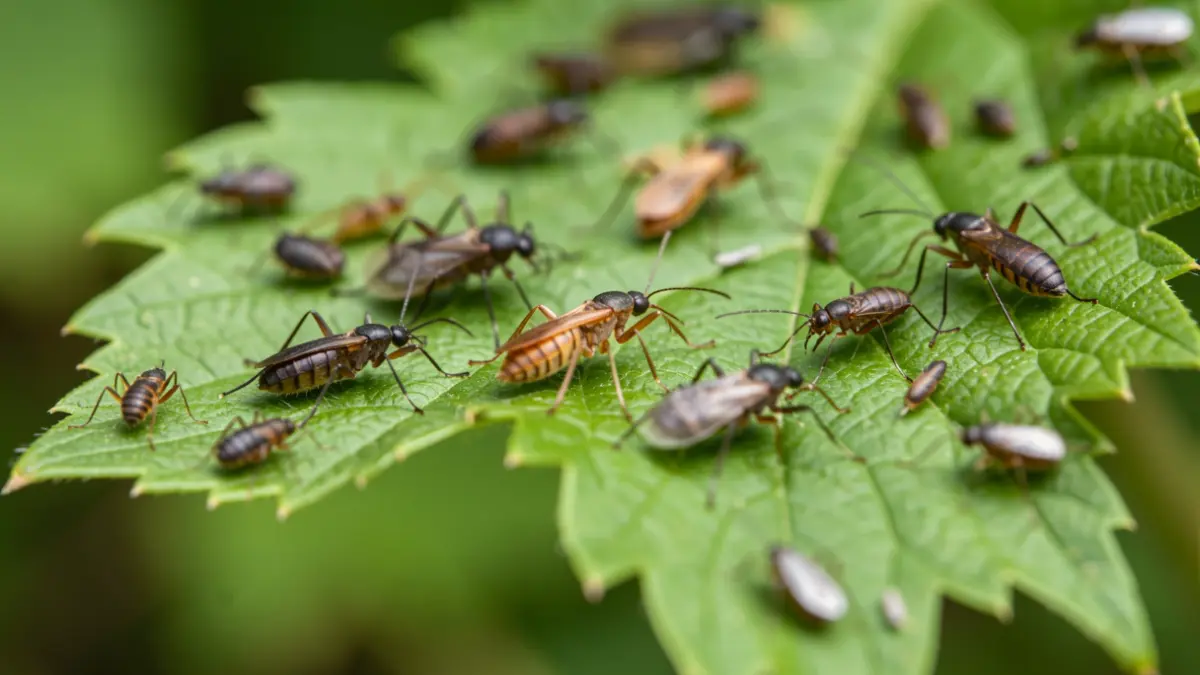 Close-up of insects and arthropods on green leaves, representing applied entomology in agriculture.