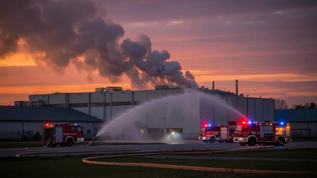 Imagen genérica de una nave industrial en llamas con camiones de bomberos y luces de emergencia, al atardecer.