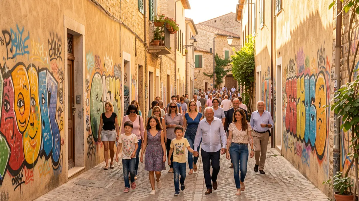Generic image of families enjoying a cultural walk through streets decorated with murals.