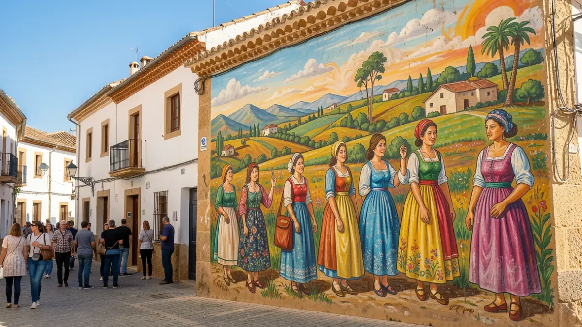 Generic image of an urban art mural featuring female figures in a rural setting, on the facade of a building.