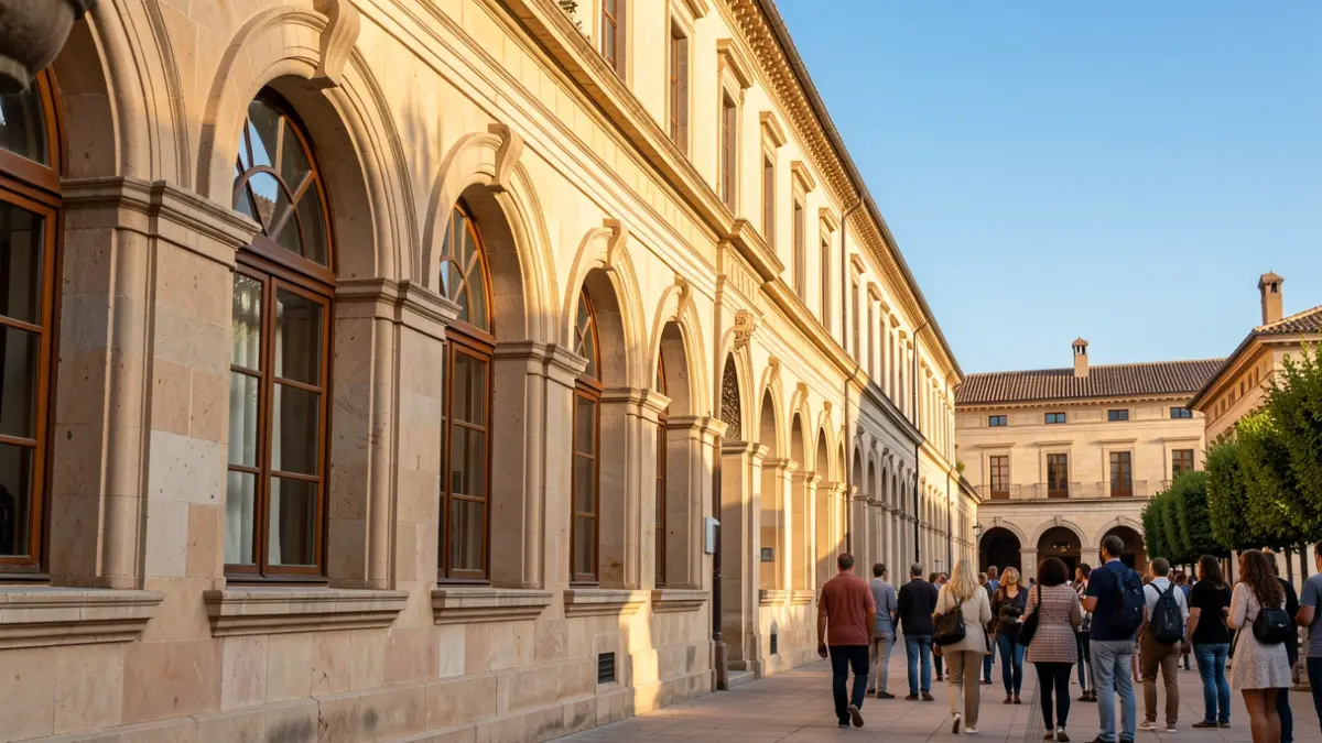 Generic image of a university building facade with stone details and afternoon light.