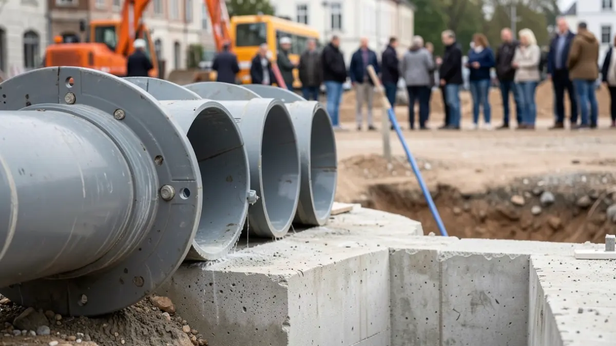 Primer plano de tuberías de PVC y un colector de aguas pluviales recién construido.